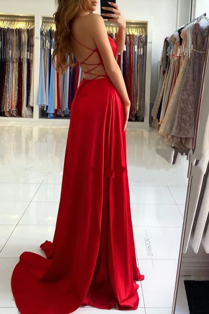 Ruby Red Chic High split Court Train Long evening Dress - Image 4