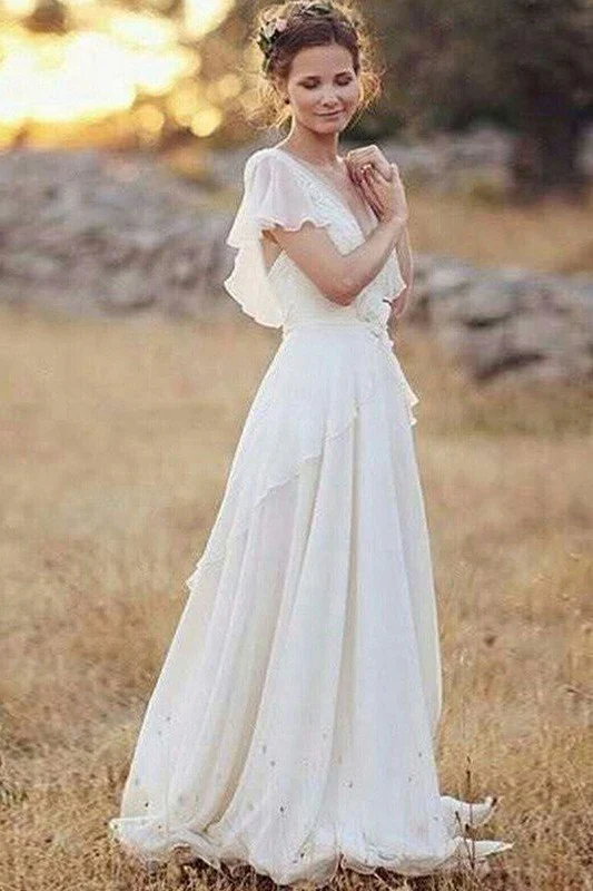 Ruched Floor Length A Line V neck Chiffon Short Sleeves Wedding Dresses - Image 2