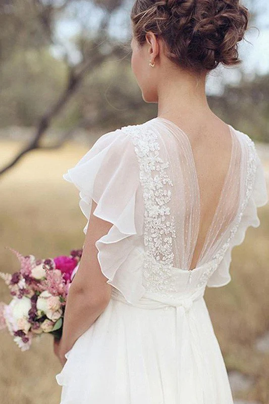 Ruched Floor Length A Line V neck Chiffon Short Sleeves Wedding Dresses - Image 3