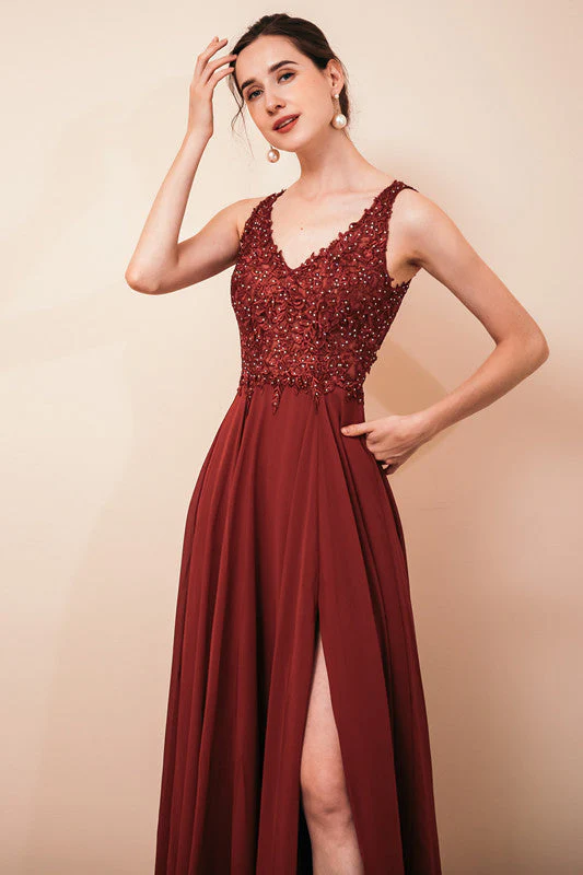Rust A-line Chiffon V-neck Open-back Evening Dress - Image 3