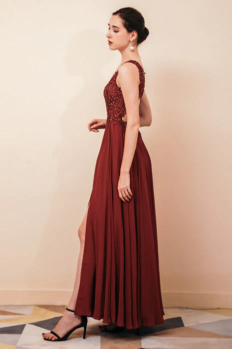 Rust A-line Chiffon V-neck Open-back Evening Dress - Image 4