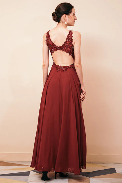 Rust A-line Chiffon V-neck Open-back Evening Dress - Image 5