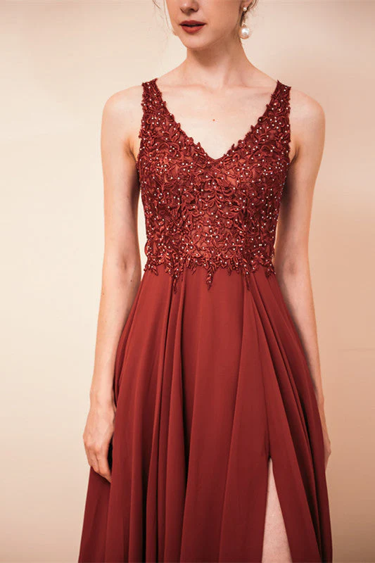 Rust A-line Chiffon V-neck Open-back Evening Dress - Image 6