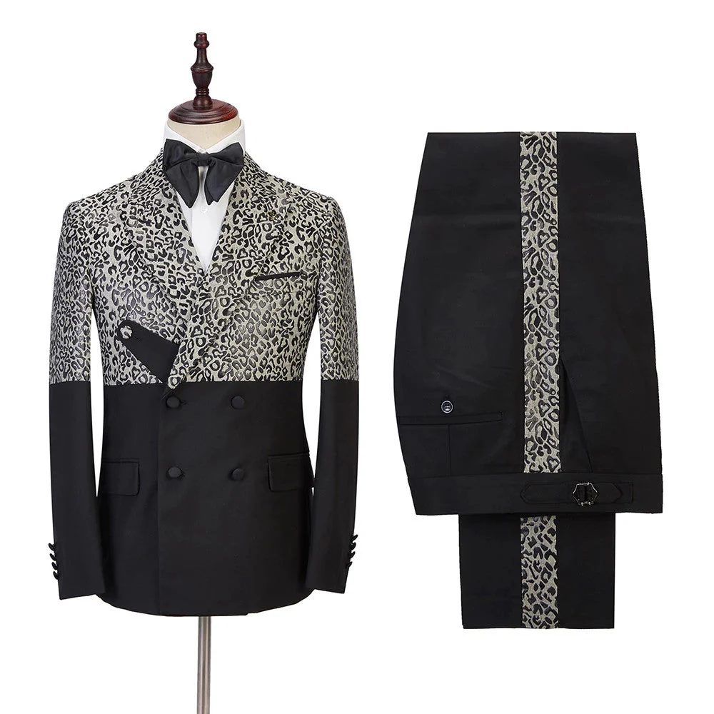 Classy Leopard Print Black Double Breasted Men Suits - Image 2