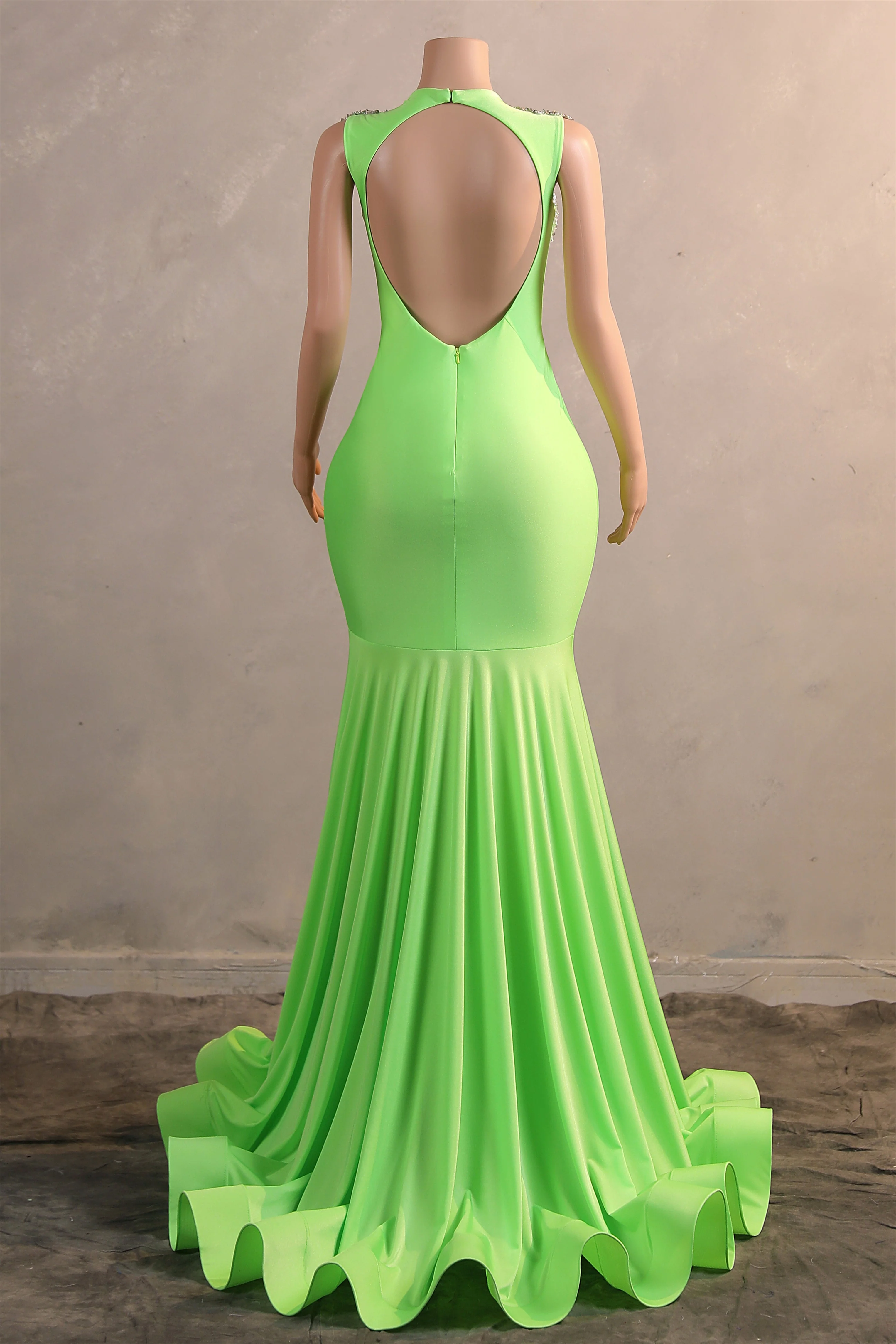 Sage Green Silver Beaded Luxury Mermaid Floor Length Prom Dresses - Image 2