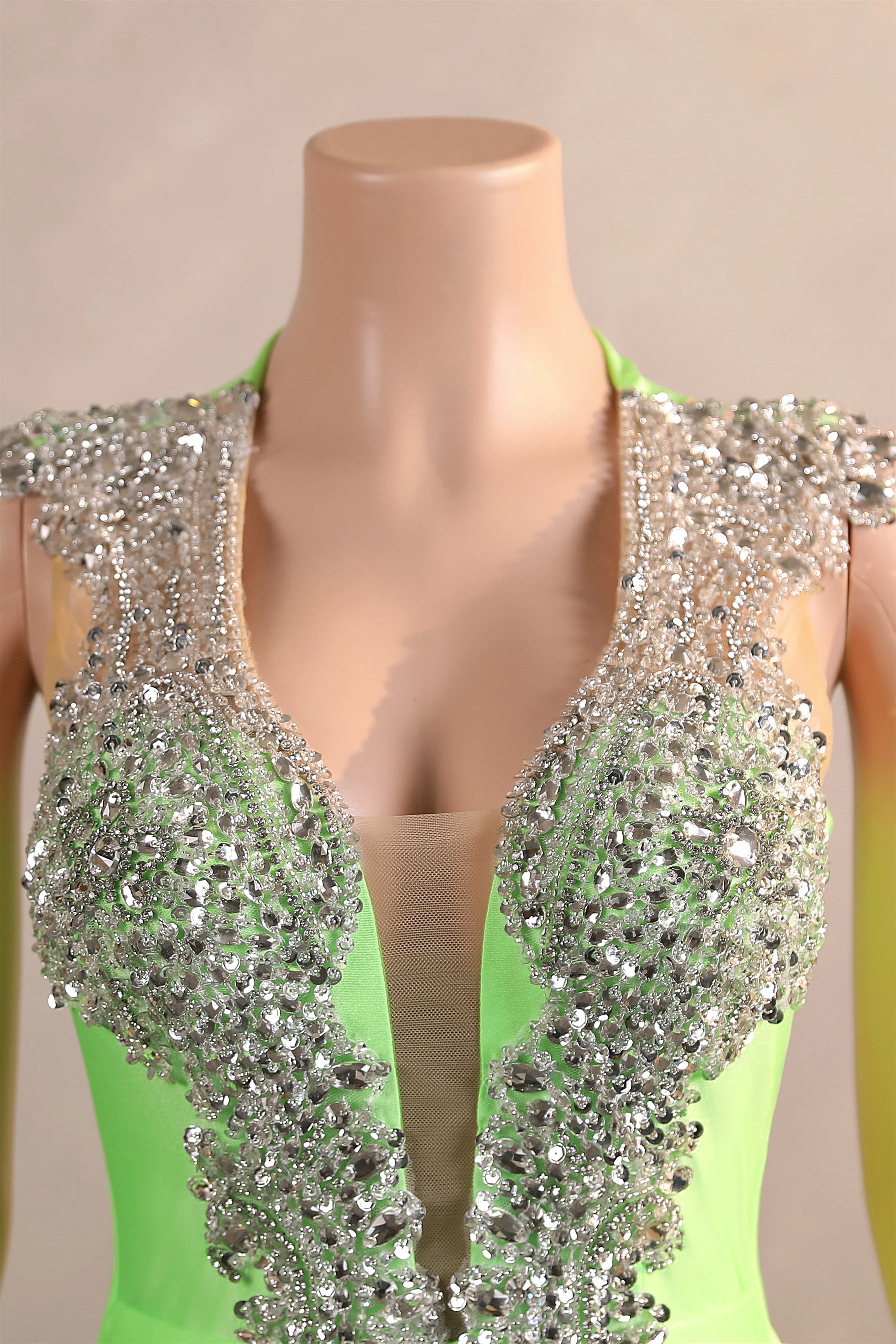 Sage Green Silver Beaded Luxury Mermaid Floor Length Prom Dresses - Image 4