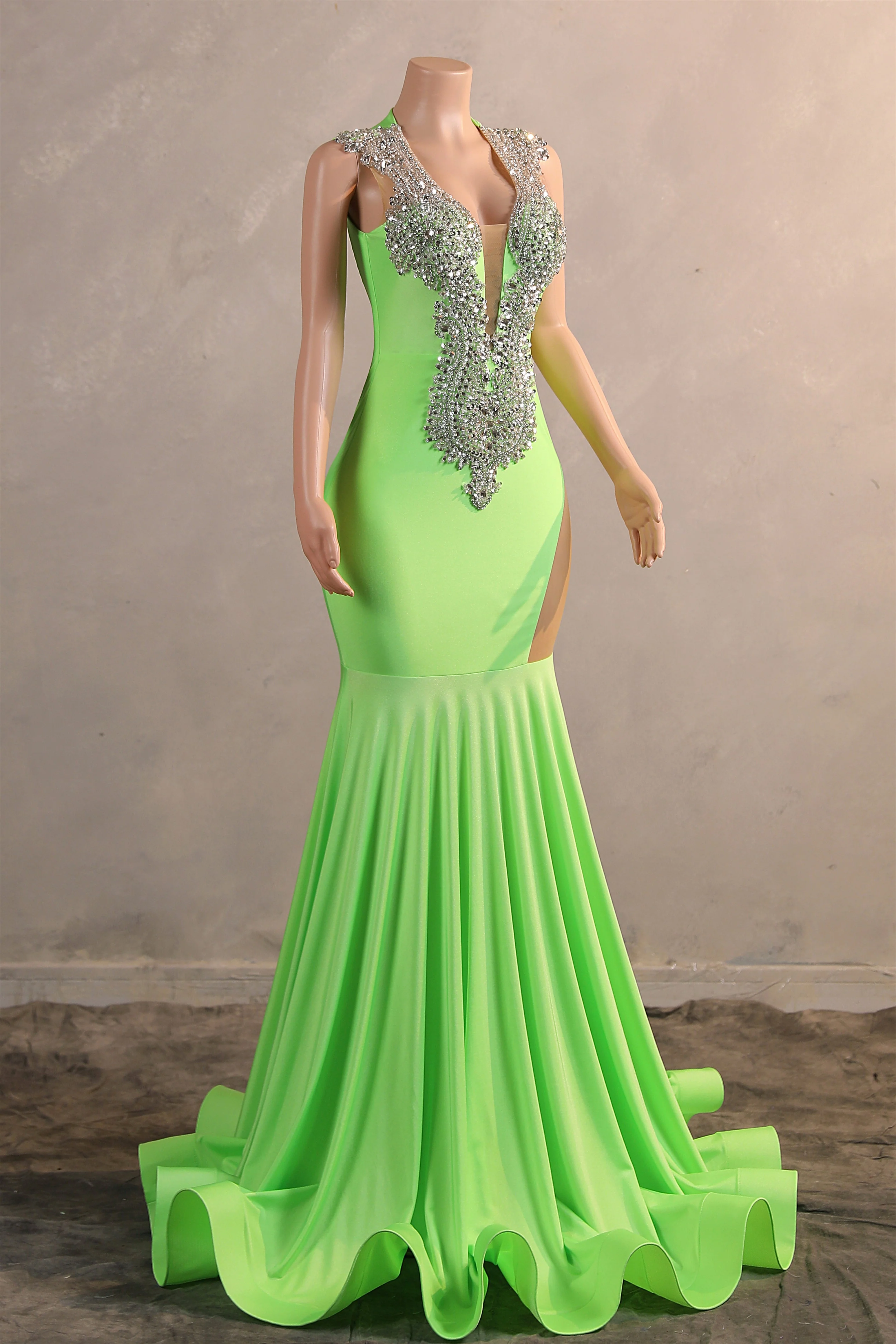 Sage Green Silver Beaded Luxury Mermaid Floor Length Prom Dresses - Image 7
