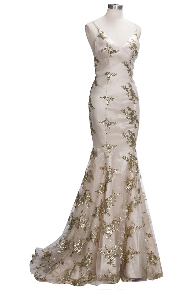 SAGE Mermaid V-neck Spaghetti Floor-length Crystal Beads Prom Dresses - Image 10