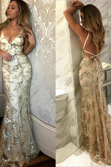 SAGE Mermaid V-neck Spaghetti Floor-length Crystal Beads Prom Dresses - Image 5
