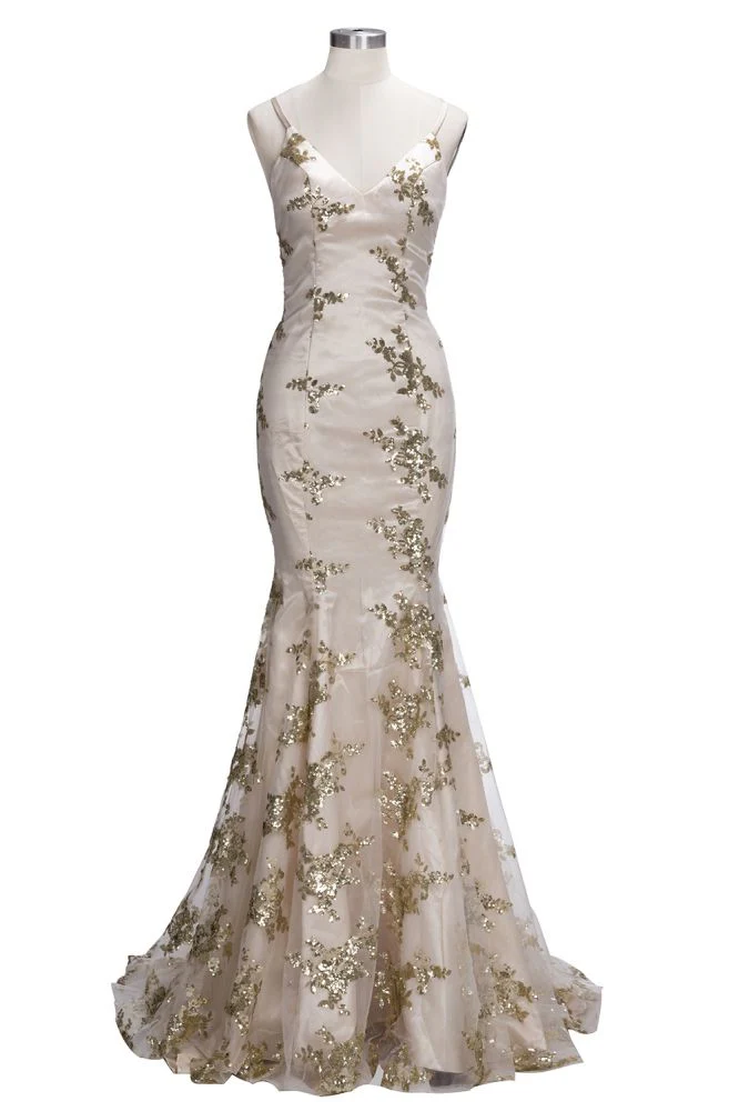 SAGE Mermaid V-neck Spaghetti Floor-length Crystal Beads Prom Dresses - Image 6