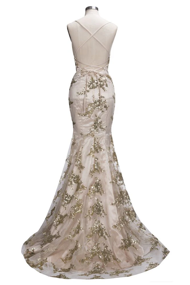 SAGE Mermaid V-neck Spaghetti Floor-length Crystal Beads Prom Dresses - Image 7