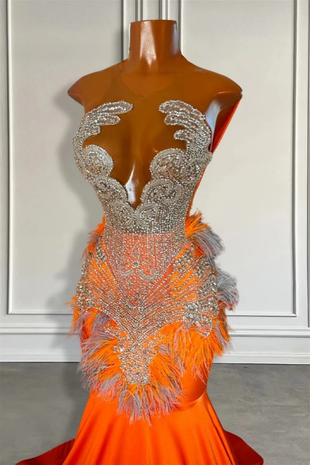 Orange Sleeveless Illusion Mermaid Prom Dresses With Beadings and Feather - Image 2