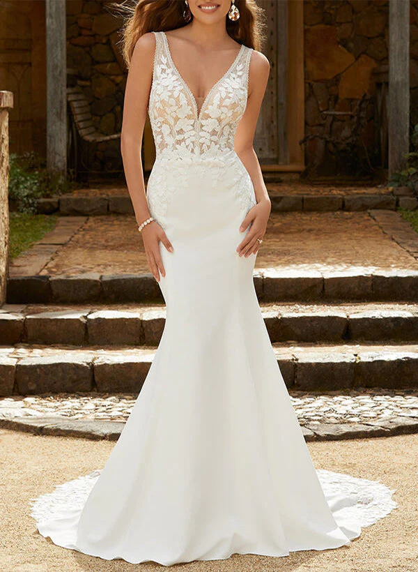 Satin Lace Mermaid Fitted V Neck Wedding Dresses Appliques Lace Sweep Train - Image 2