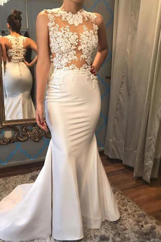 Satin Mermaid Scoop Sleeveless Applique Court Train Wedding Dresses - Image 2