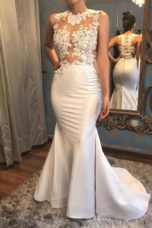 Satin Mermaid Scoop Sleeveless Applique Court Train Wedding Dresses - Image 3