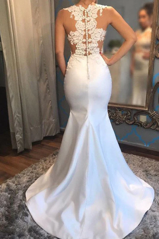 Satin Mermaid Scoop Sleeveless Applique Court Train Wedding Dresses - Image 4