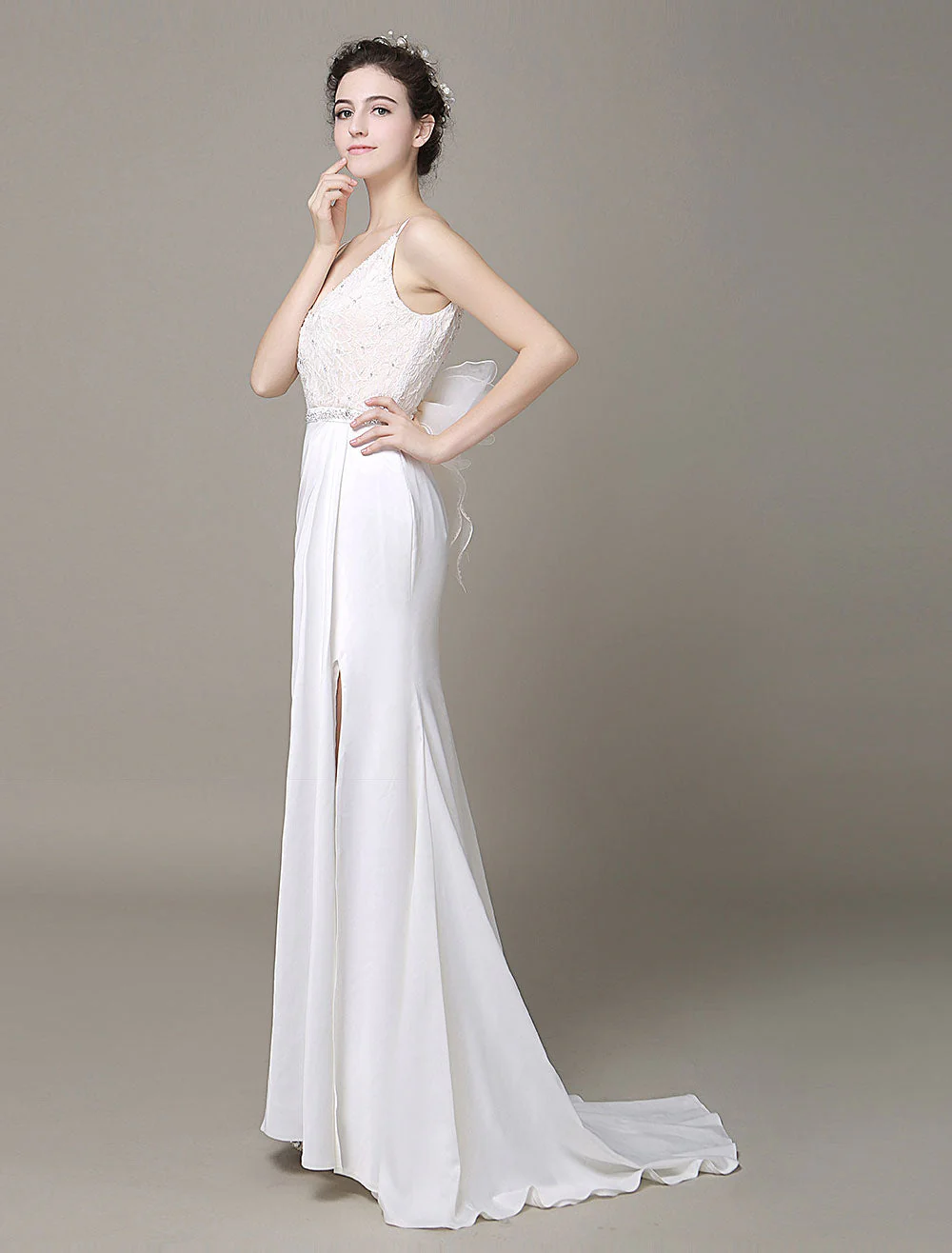 Modern Satin Sheath Wedding Dress Plunging Neckline Bow Back Belt Lace Beading Evening Dress Milanoo - Image 2