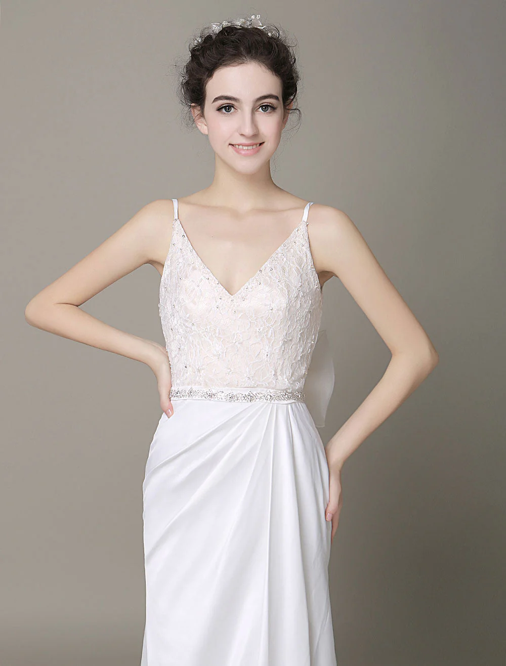 Modern Satin Sheath Wedding Dress Plunging Neckline Bow Back Belt Lace Beading Evening Dress Milanoo - Image 3