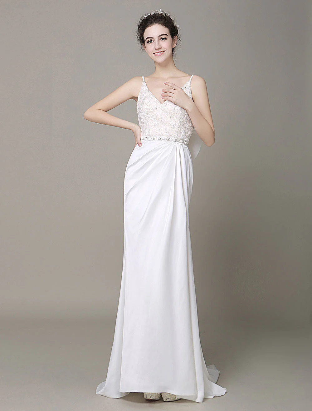 Modern Satin Sheath Wedding Dress Plunging Neckline Bow Back Belt Lace Beading Evening Dress Milanoo - Image 4