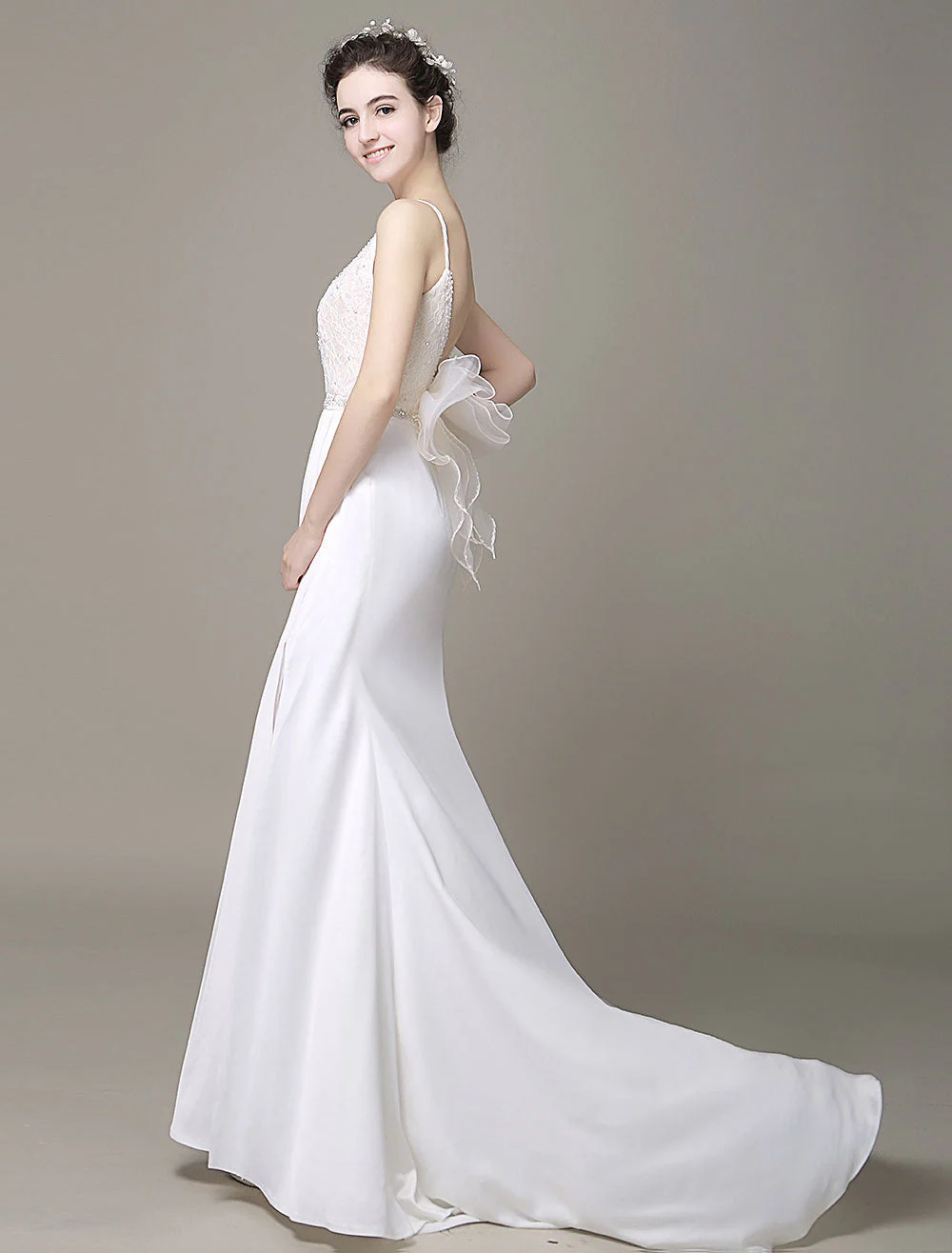 Modern Satin Sheath Wedding Dress Plunging Neckline Bow Back Belt Lace Beading Evening Dress Milanoo - Image 5