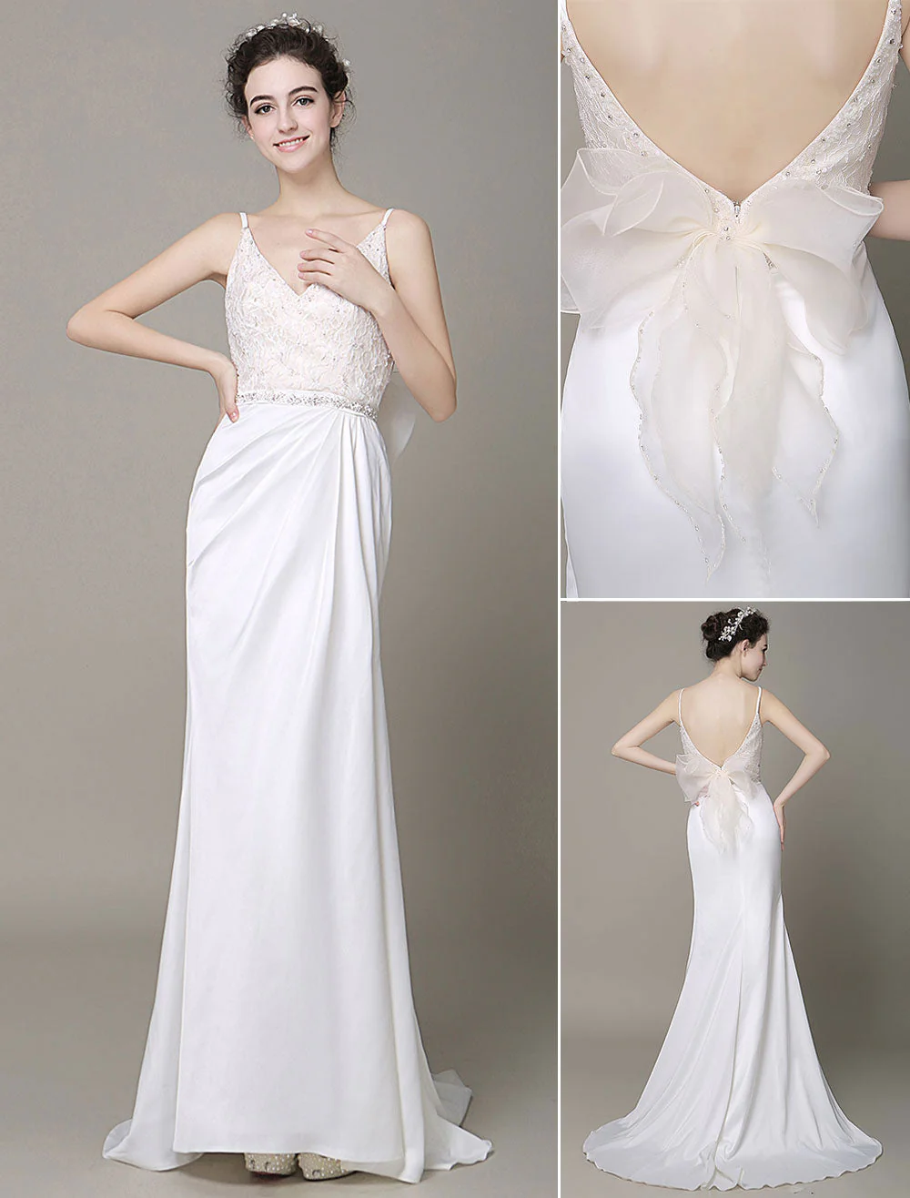 Modern Satin Sheath Wedding Dress Plunging Neckline Bow Back Belt Lace Beading Evening Dress Milanoo - Image 6
