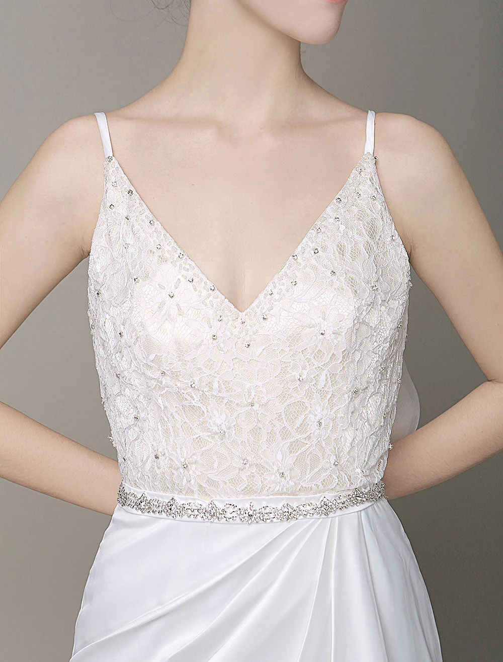 Modern Satin Sheath Wedding Dress Plunging Neckline Bow Back Belt Lace Beading Evening Dress Milanoo - Image 7