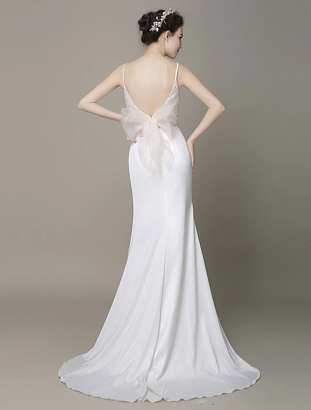 Modern Satin Sheath Wedding Dress Plunging Neckline Bow Back Belt Lace Beading Evening Dress Milanoo - Image 8