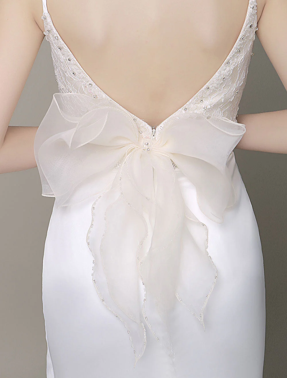 Modern Satin Sheath Wedding Dress Plunging Neckline Bow Back Belt Lace Beading Evening Dress Milanoo - Image 9