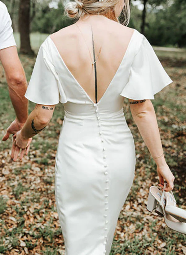 Satin V-Neck Sheath Wedding Dress Short Sleeves - Image 3