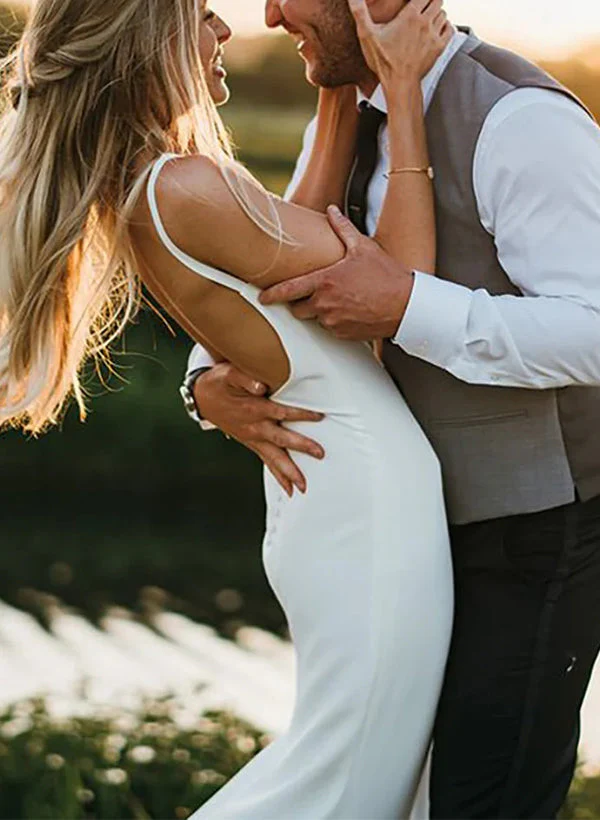 Satin Wedding Dress Open Back V-Neck Sleeveless Sheath Fitted - Image 2