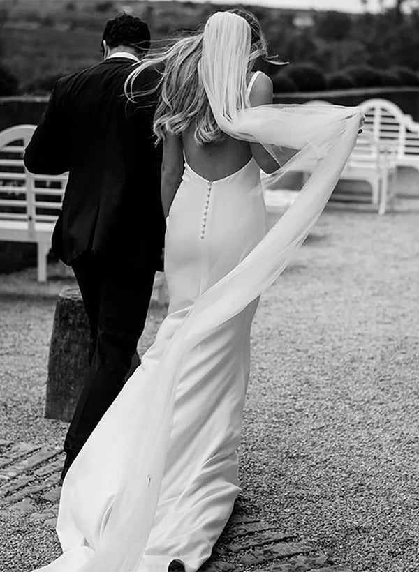 Satin Wedding Dress Open Back V-Neck Sleeveless Sheath Fitted - Image 3
