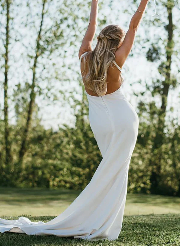 Satin Wedding Dress Open Back V-Neck Sleeveless Sheath Fitted - Image 4
