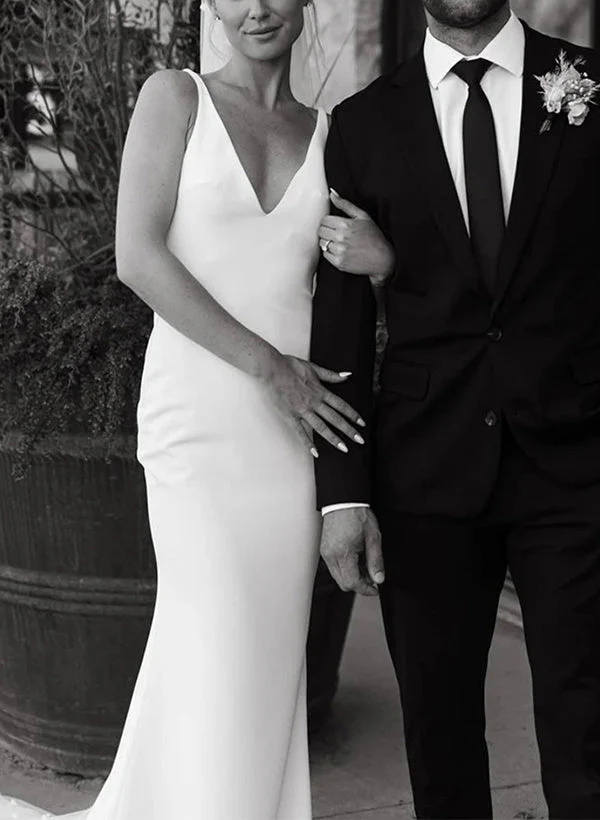 Satin Wedding Dress Open Back V-Neck Sleeveless Sheath Fitted - Image 5