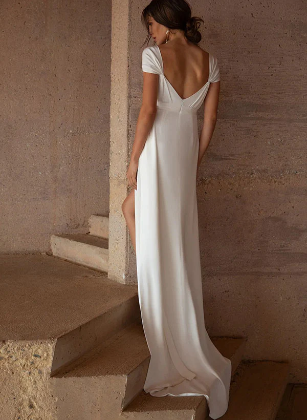 Satin Wedding Dress Split Front Sleeveless Cowl Neck Sheath Sweep Train - Image 2