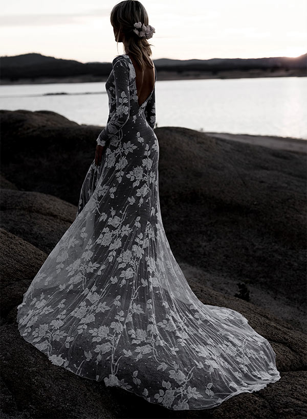Scoop Neck Long Sleeves Court Train Lace Wedding Dresses Mermaid Fitted Style - Image 2