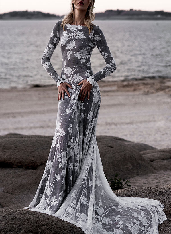 Scoop Neck Long Sleeves Court Train Lace Wedding Dresses Mermaid Fitted Style - Image 3