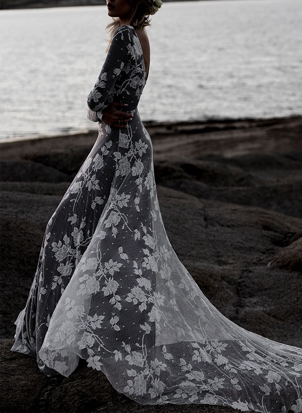 Scoop Neck Long Sleeves Court Train Lace Wedding Dresses Mermaid Fitted Style - Image 4