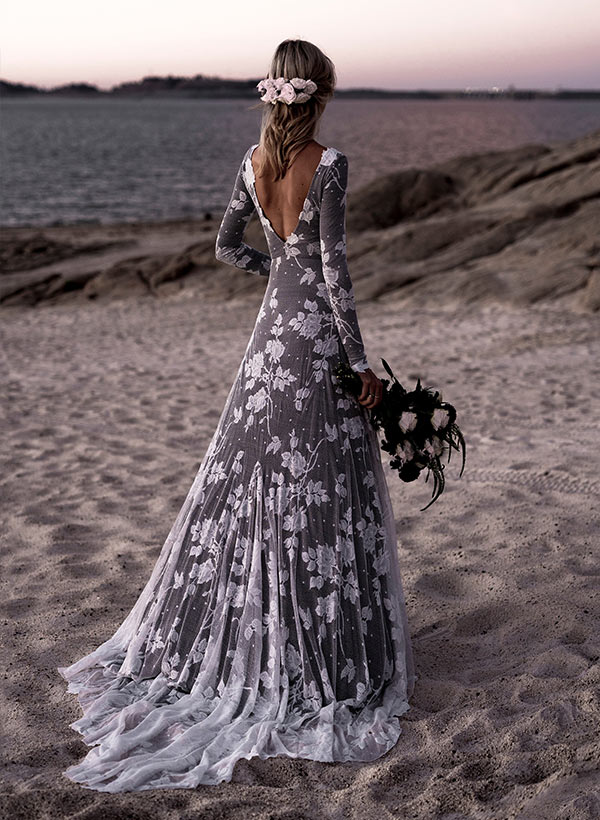Scoop Neck Long Sleeves Court Train Lace Wedding Dresses Mermaid Fitted Style - Image 5