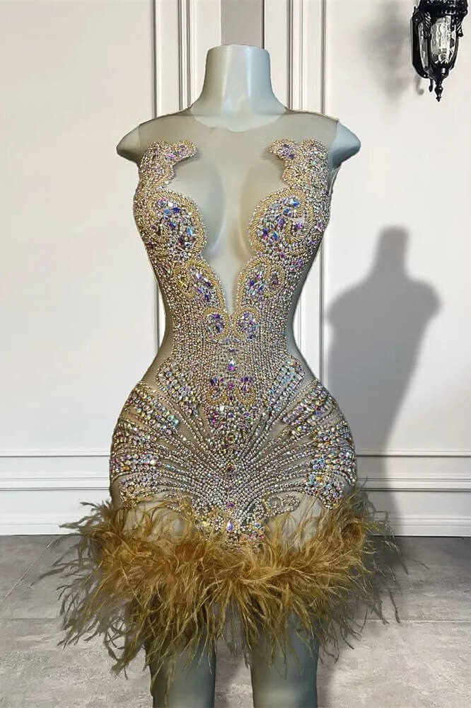 Scoop Sleeveless Short Prom Dresses With Crystal Beadings and Feathers - Image 3