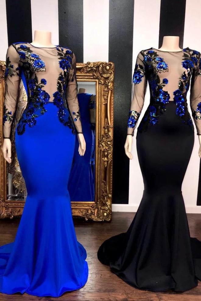 See Through Long Sleevess Flowers Mermaid Prom Dresses - Image 2