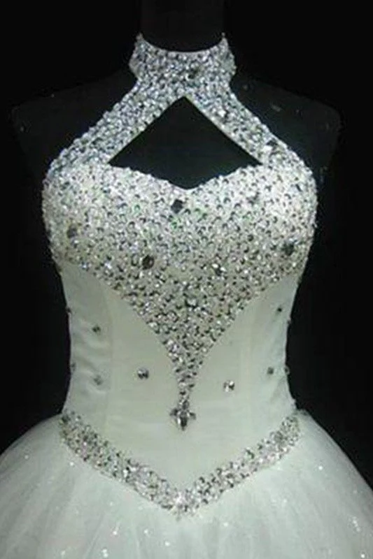 Sequin Ball Gown Sleeveless Floor Length Beading Tulle Halter Wedding Dresses - Image 3