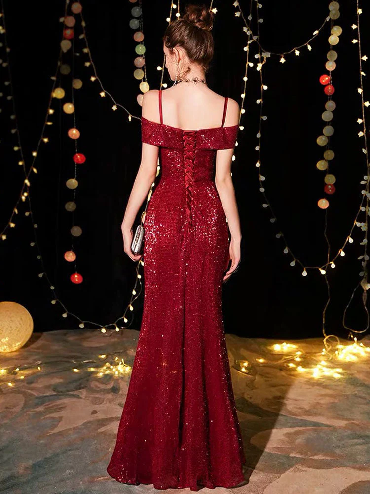 Amazing Sequin Evening Dresses Sexy Off The Shoulder Split Floor Length Maxi Dress - Image 3