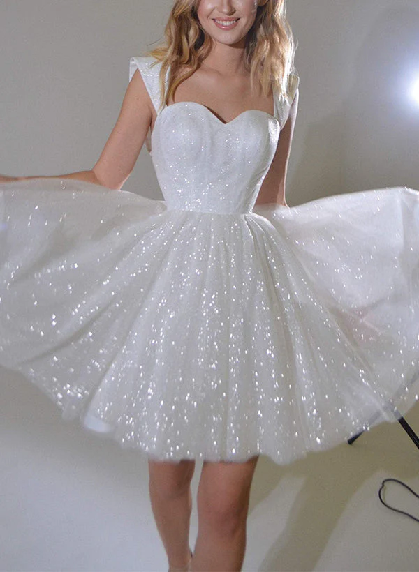 Sequin Sleeveless Short Elegant Sweetheart Chic A-line Wedding Dresses - Image 3