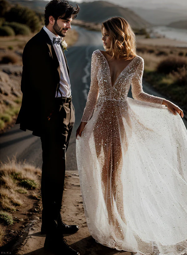 Sequin V-Neck Long Sleeves Boho Garden Wedding Dress Sweep Train - Image 2