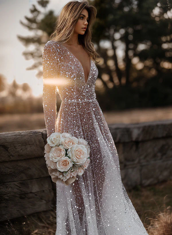 Sequin V-Neck Long Sleeves Boho Garden Wedding Dress Sweep Train - Image 3