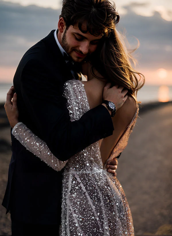 Sequin V-Neck Long Sleeves Boho Garden Wedding Dress Sweep Train - Image 4