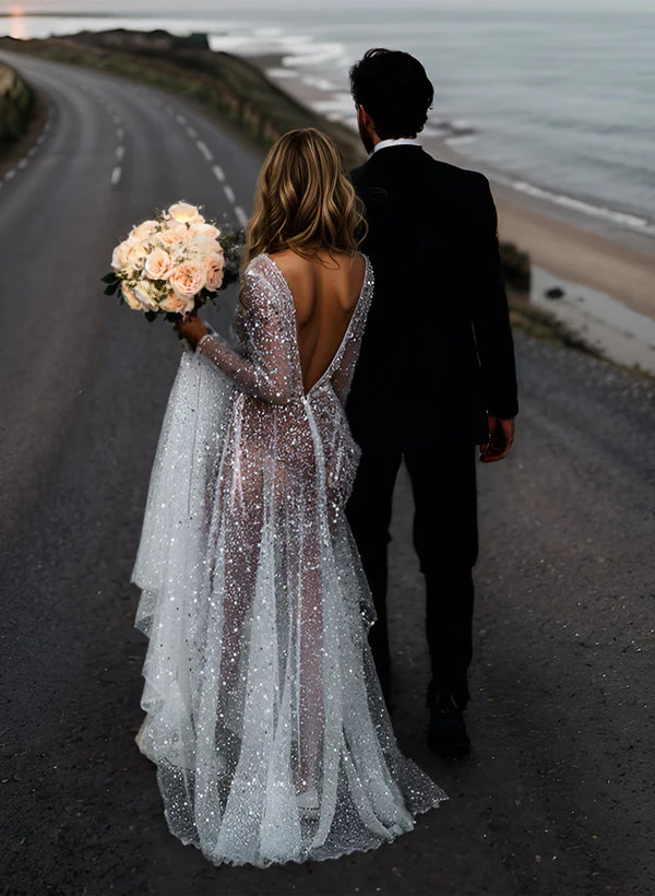 Sequin V-Neck Long Sleeves Boho Garden Wedding Dress Sweep Train - Image 5