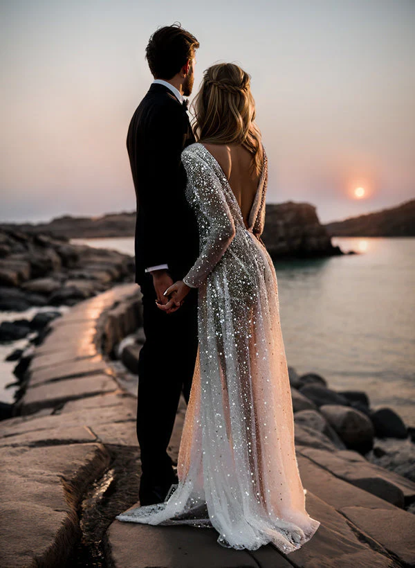 Sequin V-Neck Long Sleeves Boho Garden Wedding Dress Sweep Train - Image 6