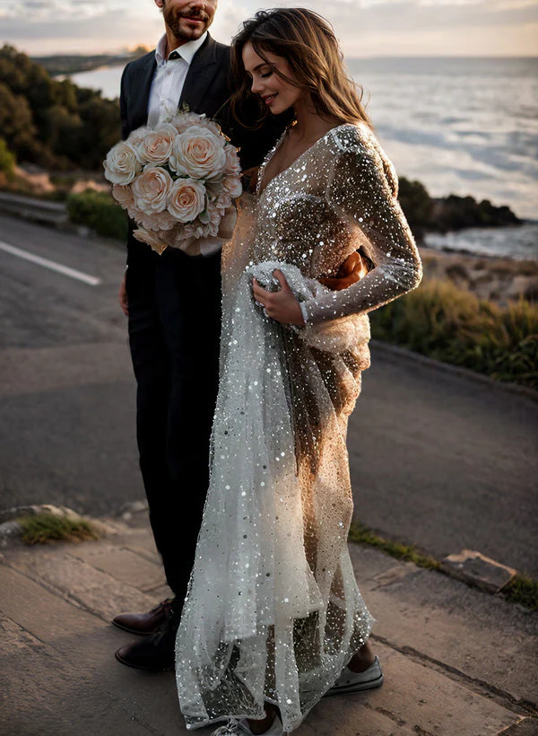 Sequin V-Neck Long Sleeves Boho Garden Wedding Dress Sweep Train - Image 7