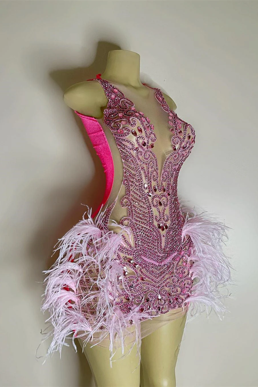 Sequined Mermaid Jewel Jersey Beading Sleeveless Mini Rhinestone Party Dress With Feather - Image 2